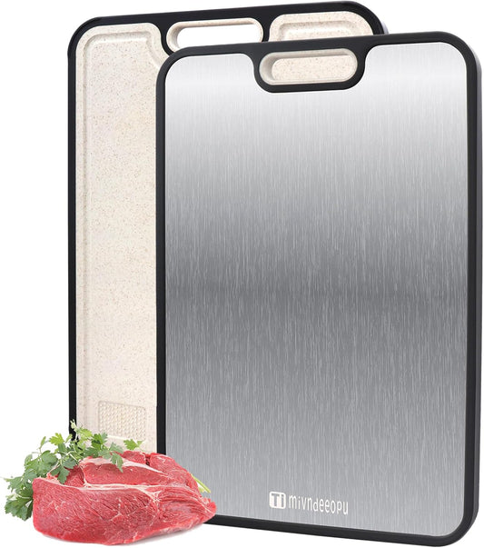 Titanium Cutting Board, Titanium Cutting Boards for Kitchen Food Grade Metal Meat Cutting Boards Non Toxic, Pure Cut Titanium & Wheat Straw PP Double Sided Chopping Board, Large 15.2”×10.5” (1 Pcs)