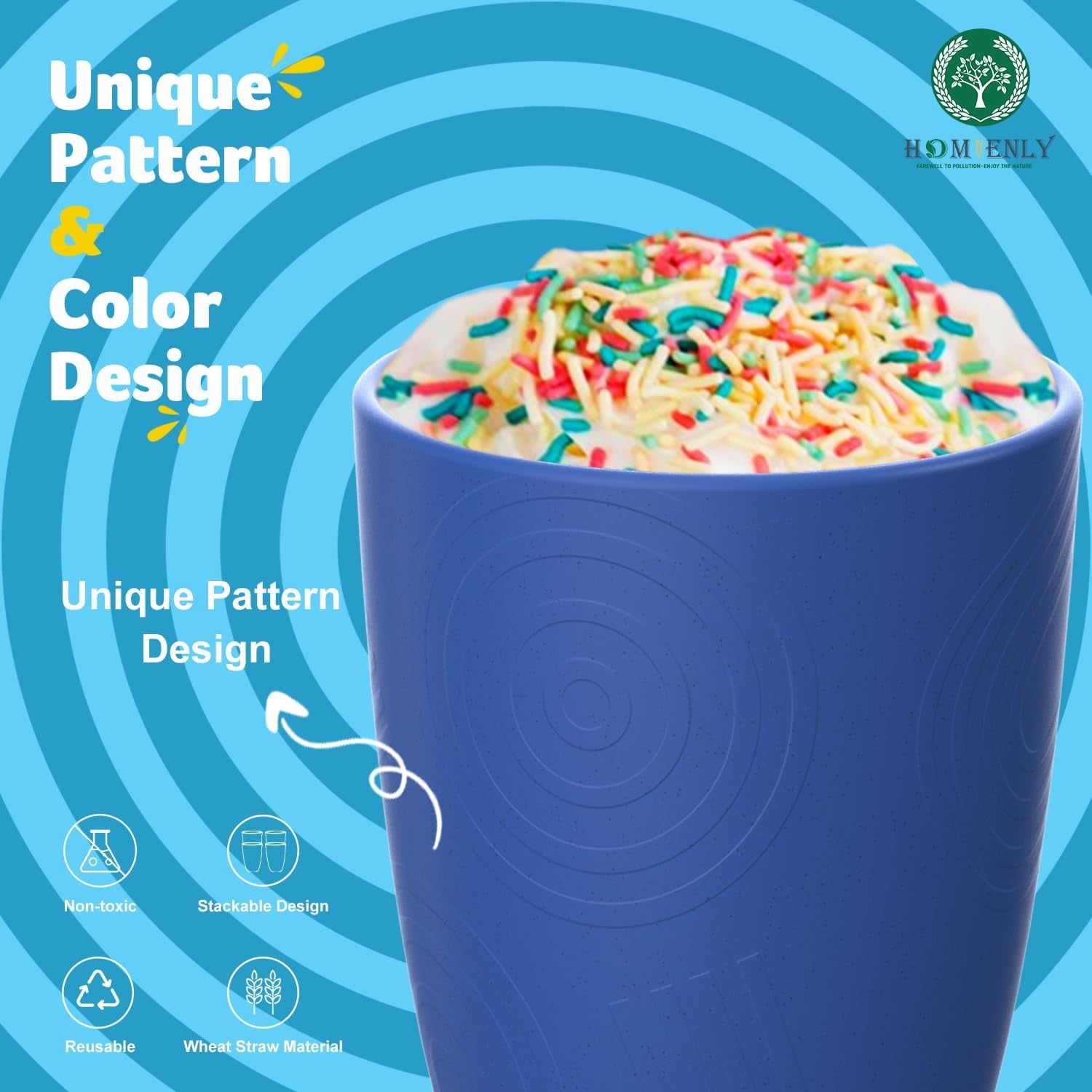 Reusable Wheat Straw Drinking Cups Set of 8, 12 Oz - Dishwasher Safe for Juice, Milk, and Coffee in Ocean Color