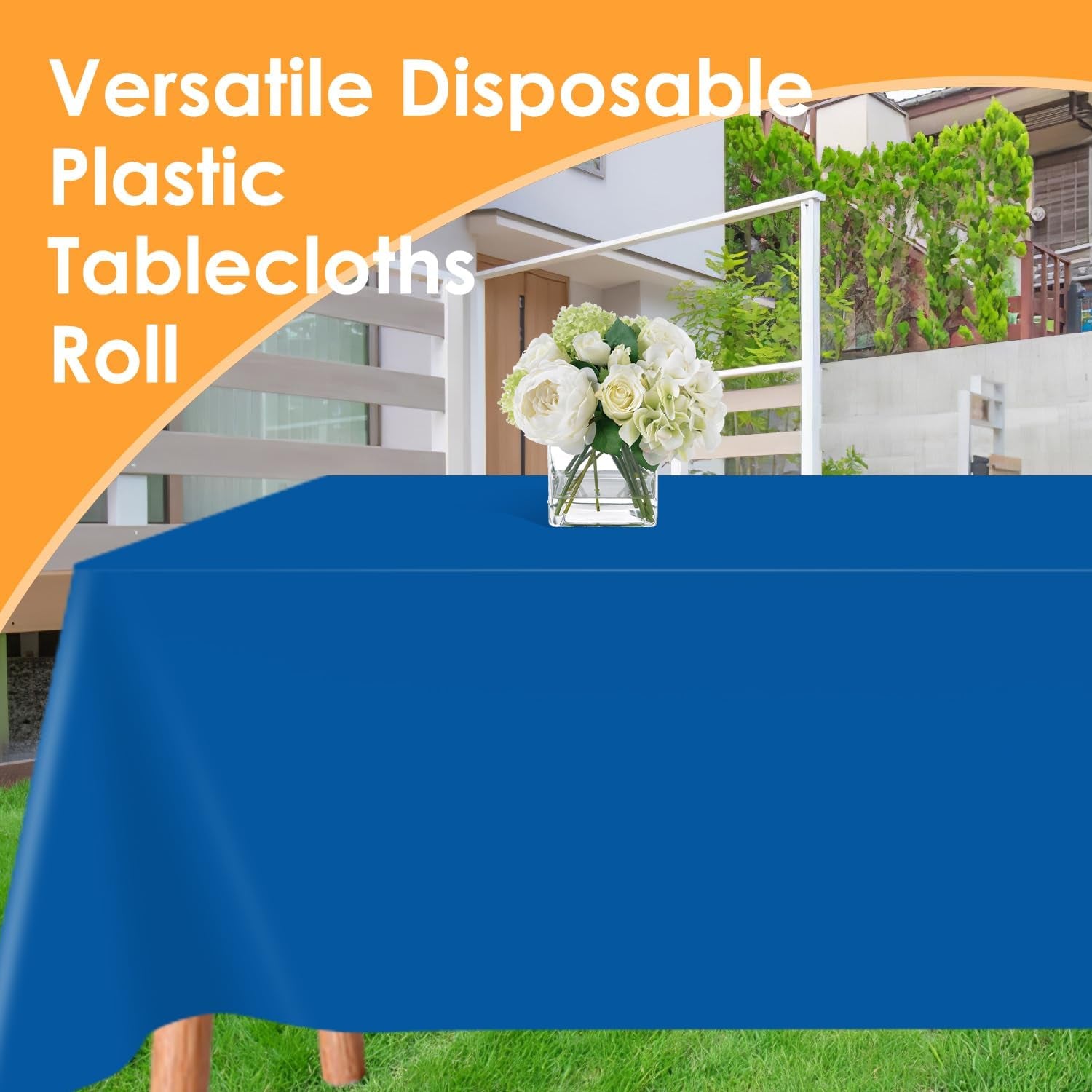 Blue Disposable Plastic Table Cloth Roll 54" X 100', Plastic Table Cover with Cutter Box, Cut to Size Disposable Tablecloth for Parties