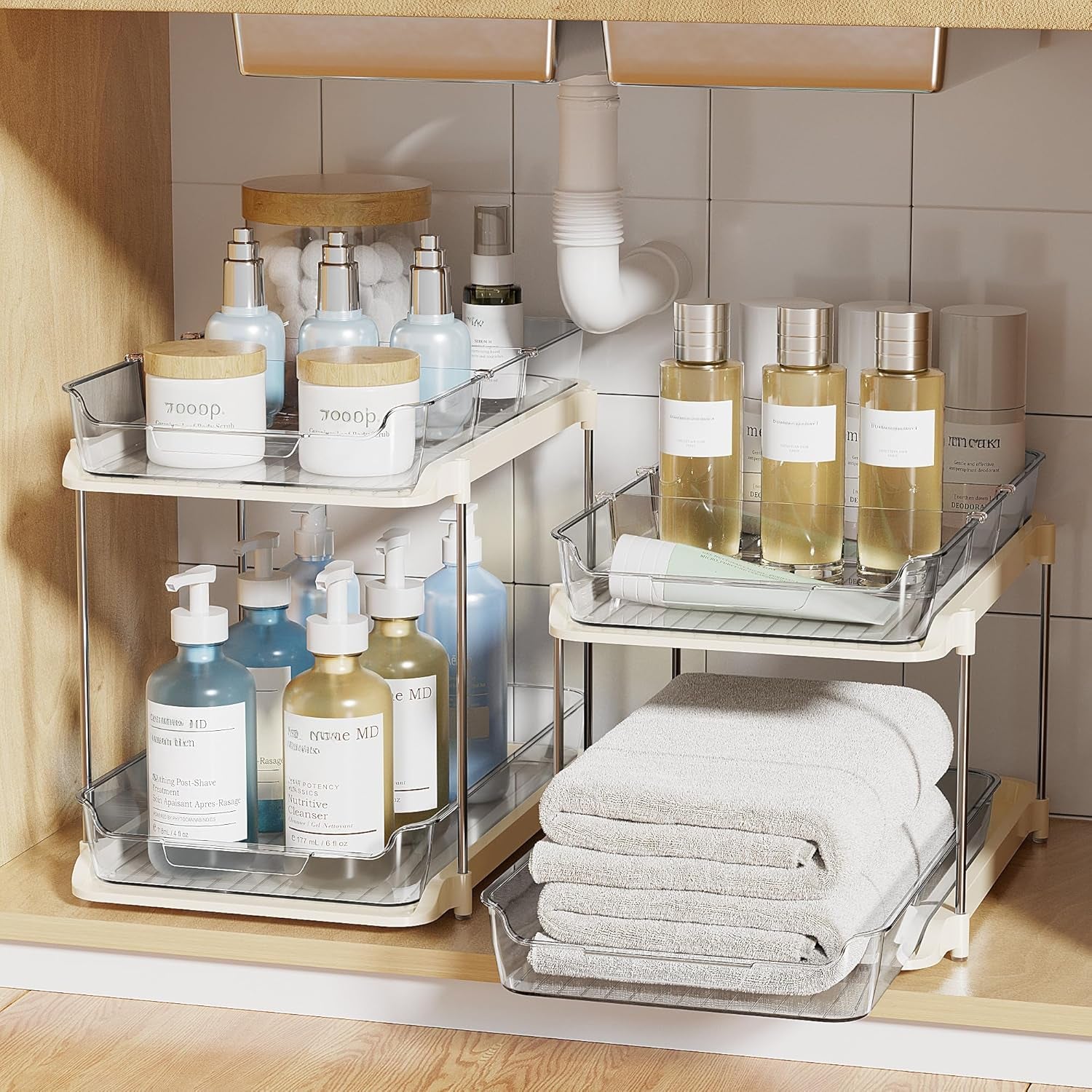 2 Sets of 2-Tier Multi-Purpose Bathroom Cabinet under Sink Organizers and Storage, Stackable Kitchen Pantry Organization and Storage, Beige