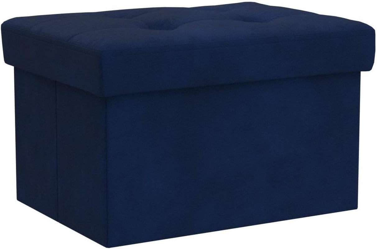 Navy Small Velvet Rectangle Ottoman with Storage - Button-Tufted Folding Foot Rest for Desk or Room Use (16"x12"x12")
