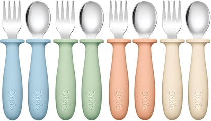 Toddler Utensils Set - 8-Piece Kids Silverware Set with Silicone Handles, Safe 18/8 Stainless Steel Forks and Spoons, Anti-Choke Design, Food Grade, Dishwasher Safe