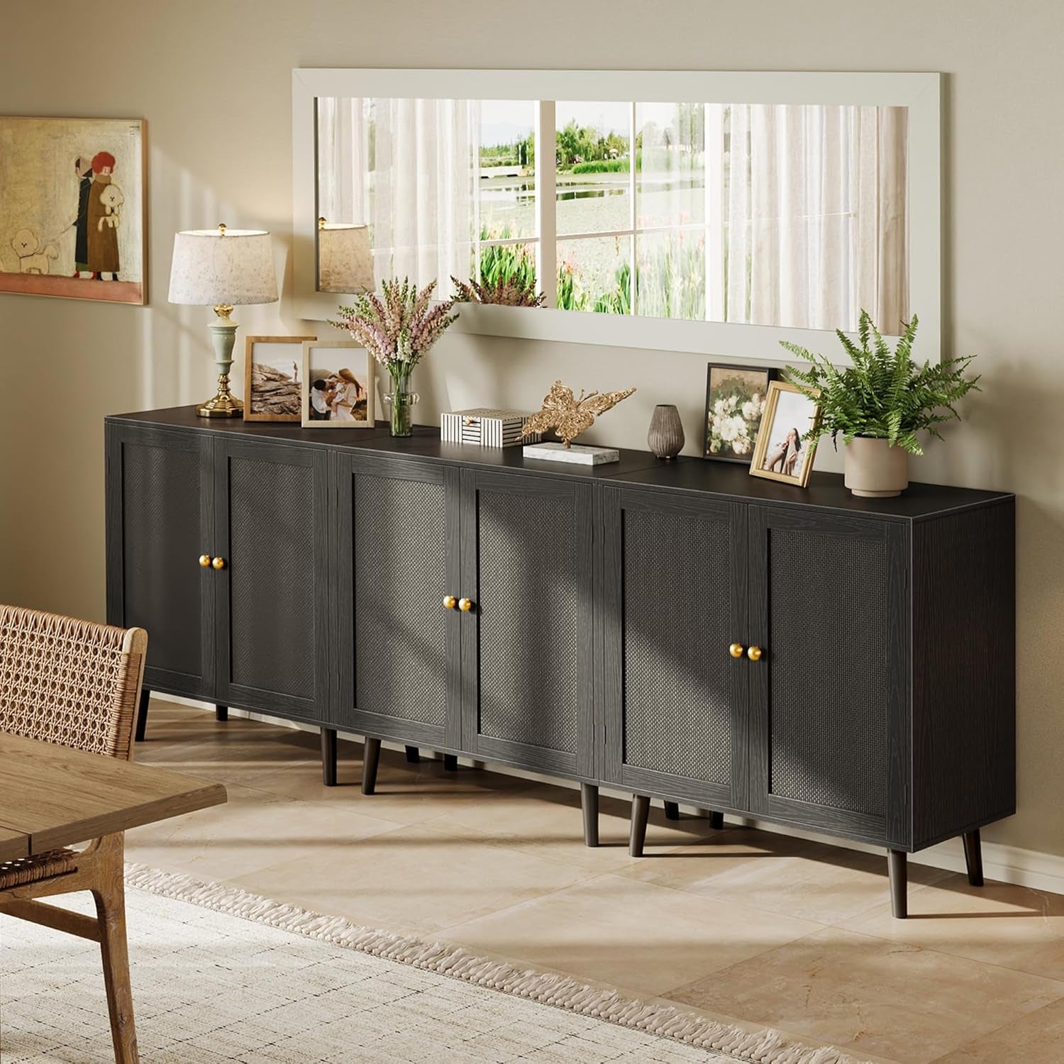 Elegant Buffet Cabinet with Storage, Featuring PE Rattan Decor Doors and Solid Wood Feet, Ideal for Hallway, Entryway, and Living Room, All Black Finish