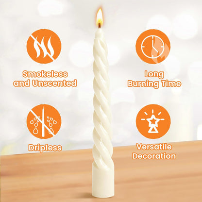 8 Inch 4Pack Spiral Taper Candles，Smokeless & Unscented & Dripless, for Weddings, Birthdays, Dinner Parties, Rituals, Prayer, Birthdays, Meditation
