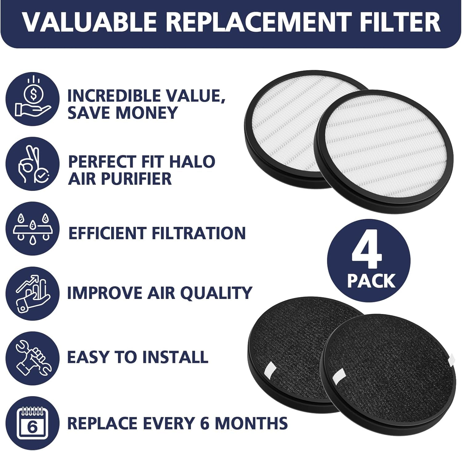 4 Pack Halo HEPA Replacement Filter, Compatible with Pure Enrichment Purezone Halo Air Puri-Fier Model PEAIRDSK, 2-In-1 HEPA Filters and Activated-Carbon Pre-Filters