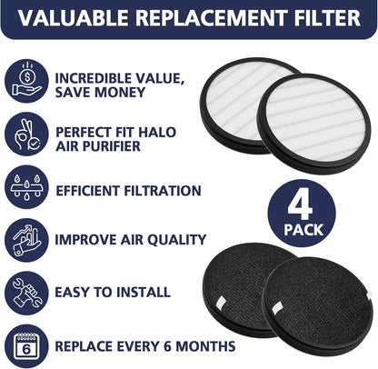 4 Pack Halo HEPA Replacement Filter, Compatible with Pure Enrichment Purezone Halo Air Puri-Fier Model PEAIRDSK, 2-In-1 HEPA Filters and Activated-Carbon Pre-Filters