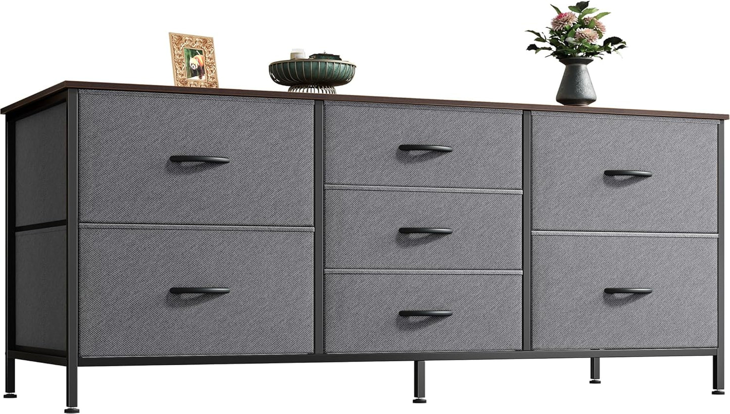 7-Drawer Fabric Dresser and TV Stand, 47-Inch Wide Chest for 43-55 Inch TVs, Metal Frame, Dark Grey, Ideal for Bedroom and Clothing Storage