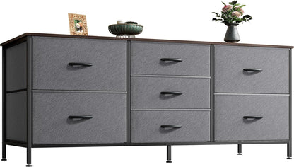 7-Drawer Fabric Dresser and TV Stand, 47-Inch Wide Chest for 43-55 Inch TVs, Metal Frame, Dark Grey, Ideal for Bedroom and Clothing Storage