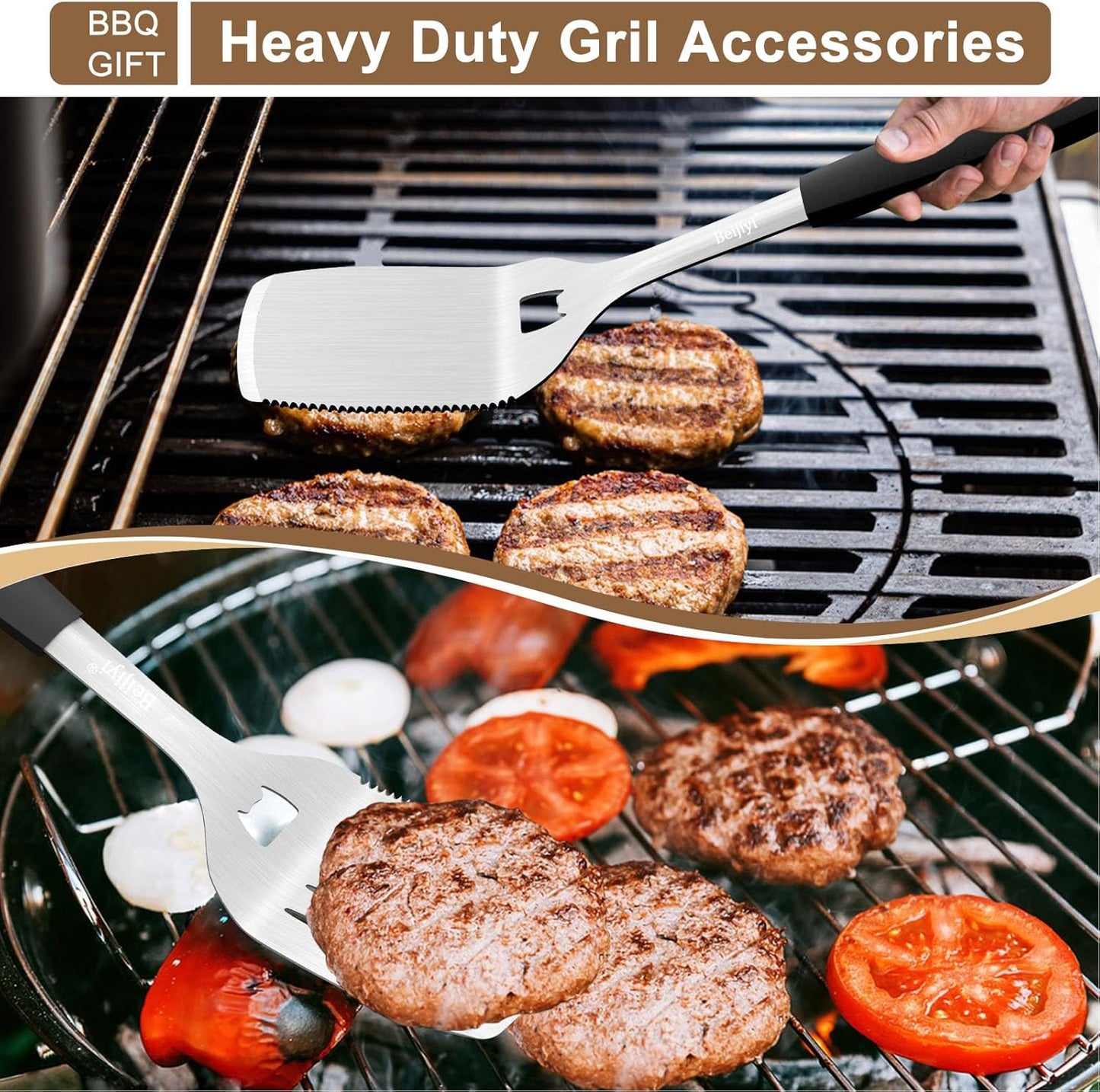 Stainless Steel Grill Spatula for Outdoor Grill, Heavy Duty Metal BBQ Spatula Set with Serrated, Silicone Handle, Solid and Slotted Turner, Grill Tools Burger Spatula for Grilling Cooking
