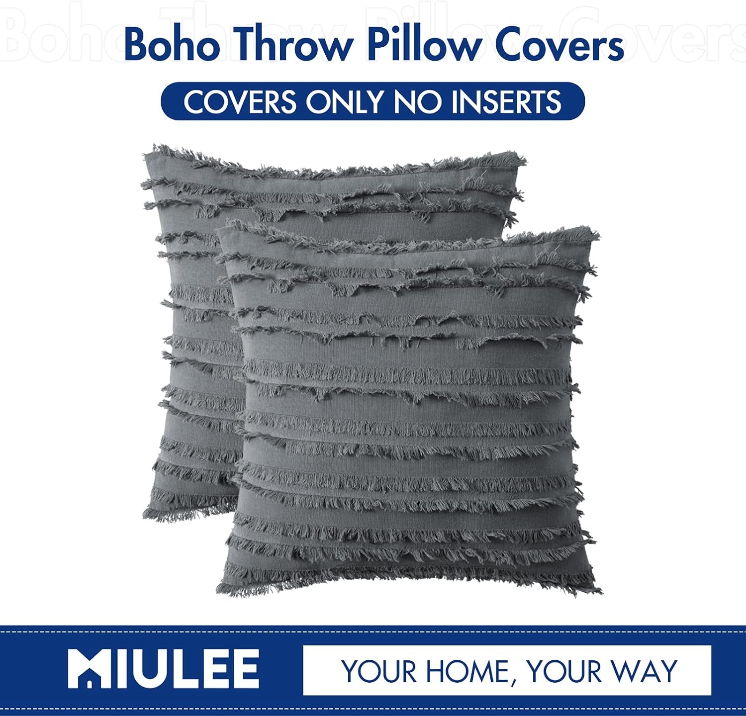 Set of 2 Decorative Boho Throw Pillow Covers Linen Striped Jacquard Pattern Cushion Covers for Sofa Couch Living Room Bedroom 18X18 Inch Dark Grey