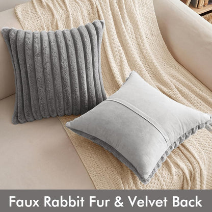 Faux Fur Plush Decorative Throw Pillow Covers Set of 2 Luxury Soft Fluffy Striped Pillowcases Cushion for Sofa Couch Bed Living Room Light Grey 18X18 Inch