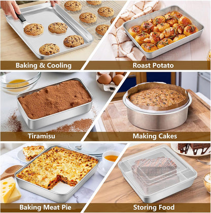 Stainless Steel Bakeware Set, 12-Piece Kitchen Baking Pans Set, Baking Sheet with Rack, Square Cake Pan with Lid, Lasagna Pan, Loaf Pan, Muffin Pan, Pizza Tray & 2 Covers, Easily Clean