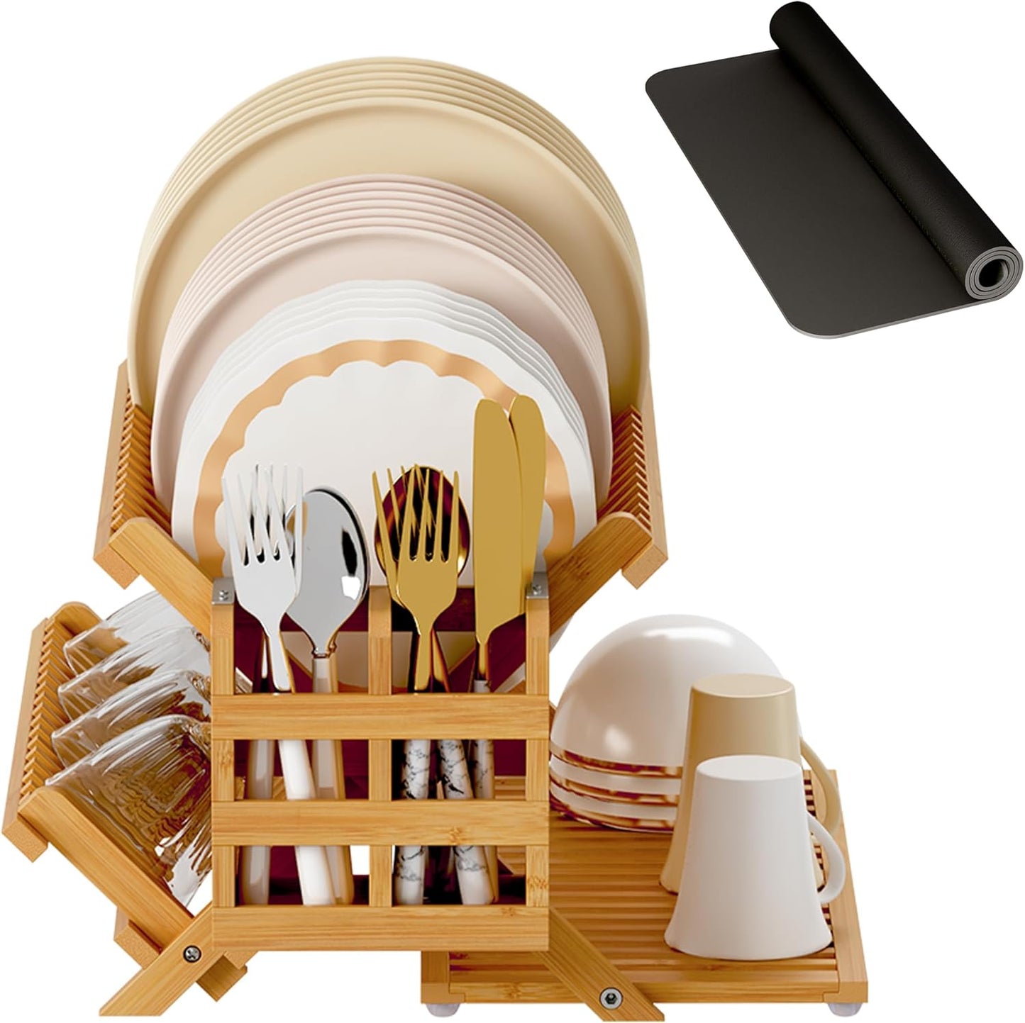 Bamboo Dish Drying Rack with Utensil Holder, 3 Tier Collapsible Dish Rack, Wooden Dish Racks for Kitchen Counter, Large Folding Drying Holder with Absorbent Dish Drying Mat