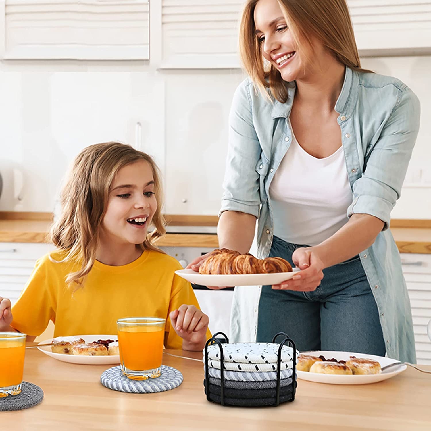 Absorbent Coaster Set of 8 with Holder - Decorative Coasters for Coffee Tables and Living Rooms, Ideal for Housewarming Gifts