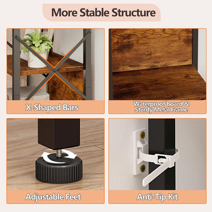 5 Tier Tall Bookshelf with Back, Display Narrow Bookcase, Industrial Storage Corner Shelves Organizer for Bedroom, Living Room, Entryway, Kitchen, Rusitc Brown