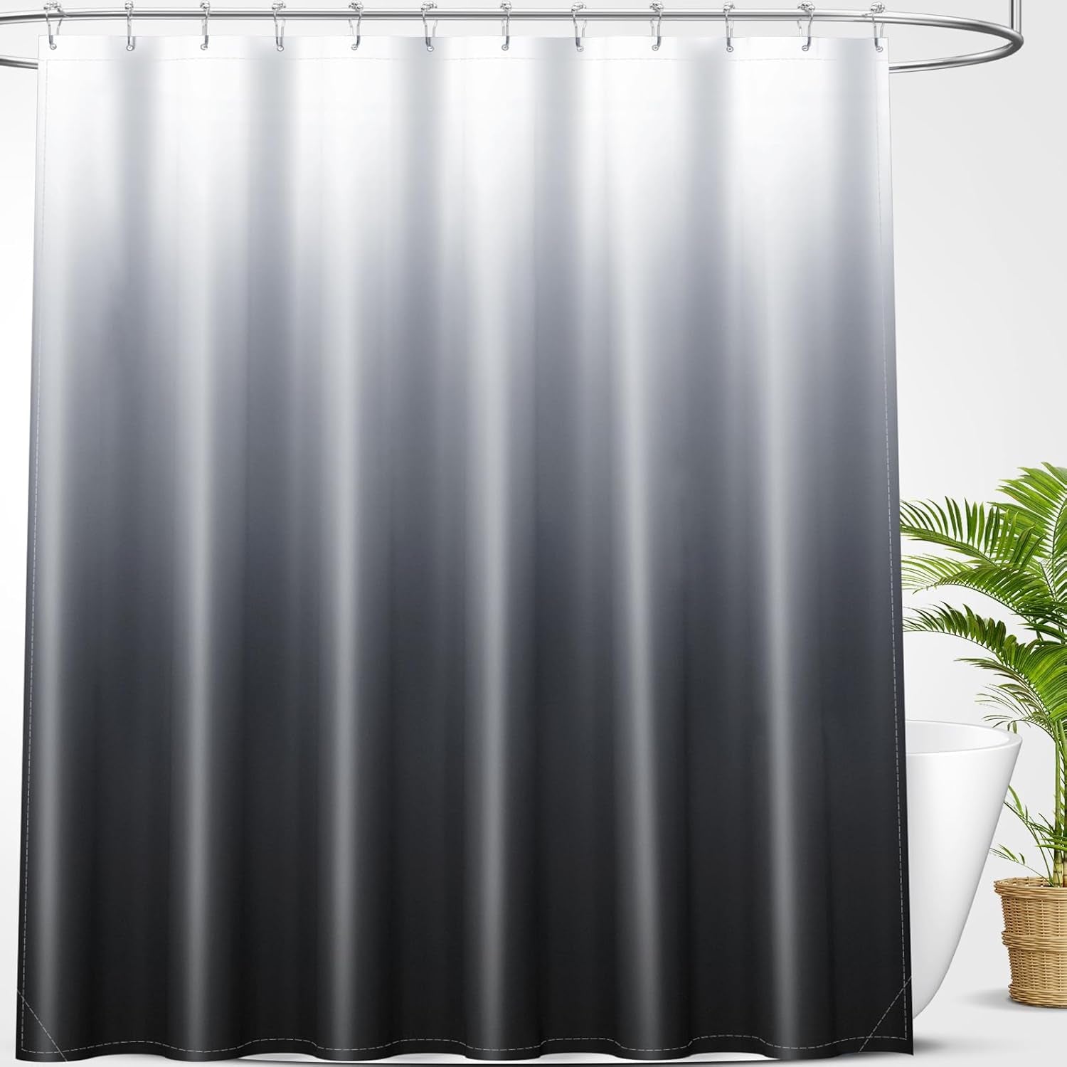 Luxury Black and Grey Ombre Shower Curtain Sets with 12 Hooks, Waterproof and Washable Decorative Shower Curtains for Bathroom, 72X72 Inches