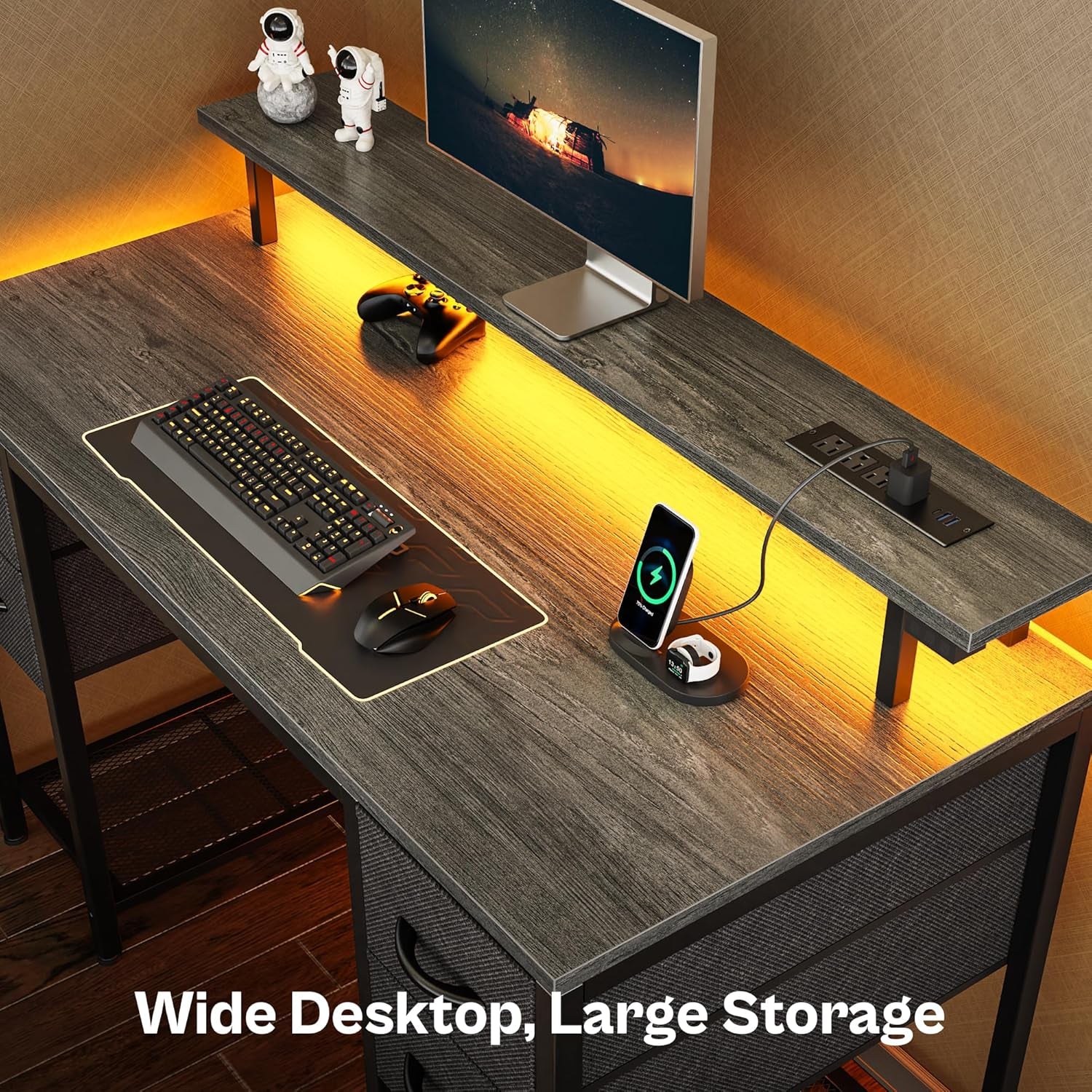 47-Inch Grey Computer Desk with 4 Drawers, LED Lighting, and Power Outlets - Ideal for Home Office and Gaming with Ample Storage Space