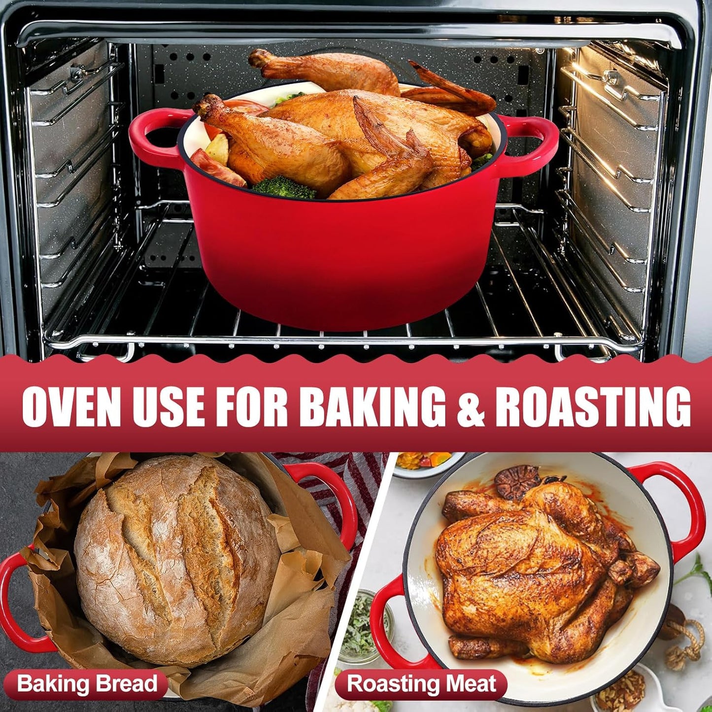 7QT Enameled Dutch Oven, Cast Iron Dutch Oven Pot with Lid for Bread Baking, Enameled Casserole Pot for Roasting Braising Stewing Frying Simmering, Various Stoves & Easy Clean, Red