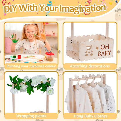 Wooden Baby Shower Crate Closet with Handle,Storage Basket,Baby Clothes Hangers, Newborn Boy Girl Welcome Gift Basket,Easy Assembly Baby Baskets for Baby Shower