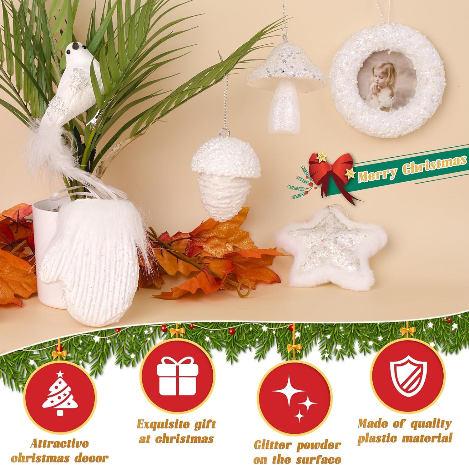 6 Pcs Christmas Tree Balls Ornaments Glitter Ball Xmas Hanging Decorations, Pre-Strung Shatterproof Ornaments White Painted Decorative Baubles for Party Wedding Christmas Decor