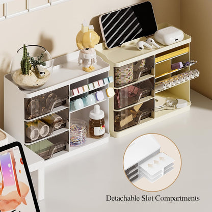 Makeup Organizer with Drawers, Multi-Function Vanity Organizer Countertop, Stackable Desk Organizer for Makeup Brush Lipstick Skincare Bathroom Vanity Organization and Storage, White