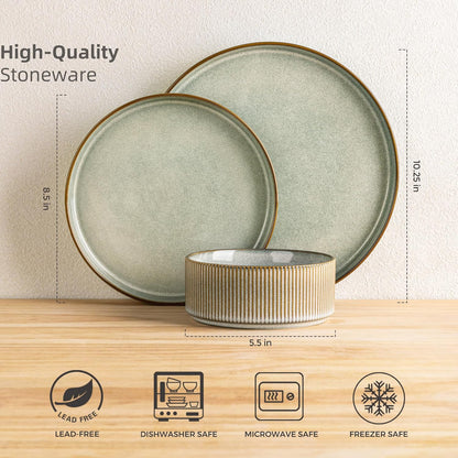Stoneware Dinnerware Set for Four - Round Reactive Glaze Ceramic Plates and Bowls, 12-Piece Set, Highly Scratch Resistant, Dishwasher and Microwave Safe
