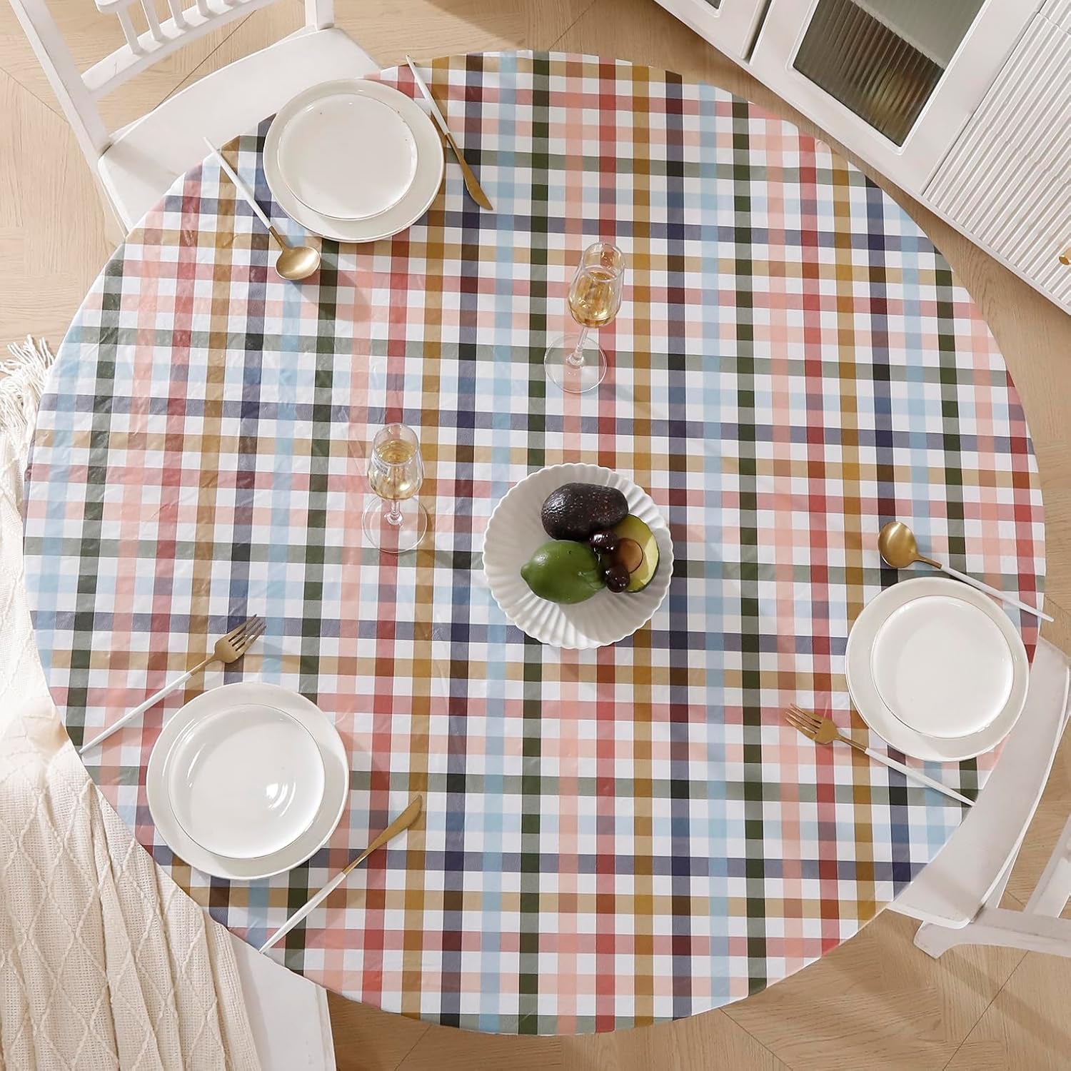 Round Vinyl Fitted Tablecloth with Flannel Backing Elastic Edge Design Table Cover Waterproof Oil-Proof PVC Table Cloth Stain-Resistant Best for 32"-36" Round