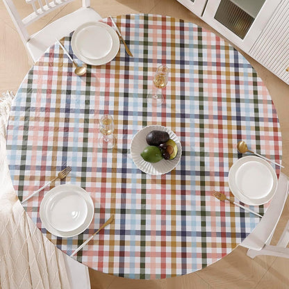 Round Vinyl Fitted Tablecloth with Flannel Backing Elastic Edge Design Table Cover Waterproof Oil-Proof PVC Table Cloth Stain-Resistant Best for 32"-36" Round