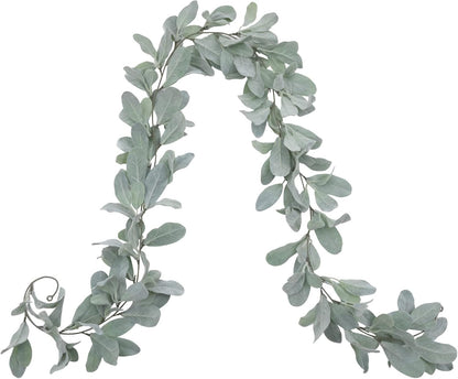 6 Ft Artificial Flocked Lambs Ear Garland - Greenery Vines, Faux Green Leaves for Mantle, Wedding, Home Party Decor, DIY Floral (1 Pack)