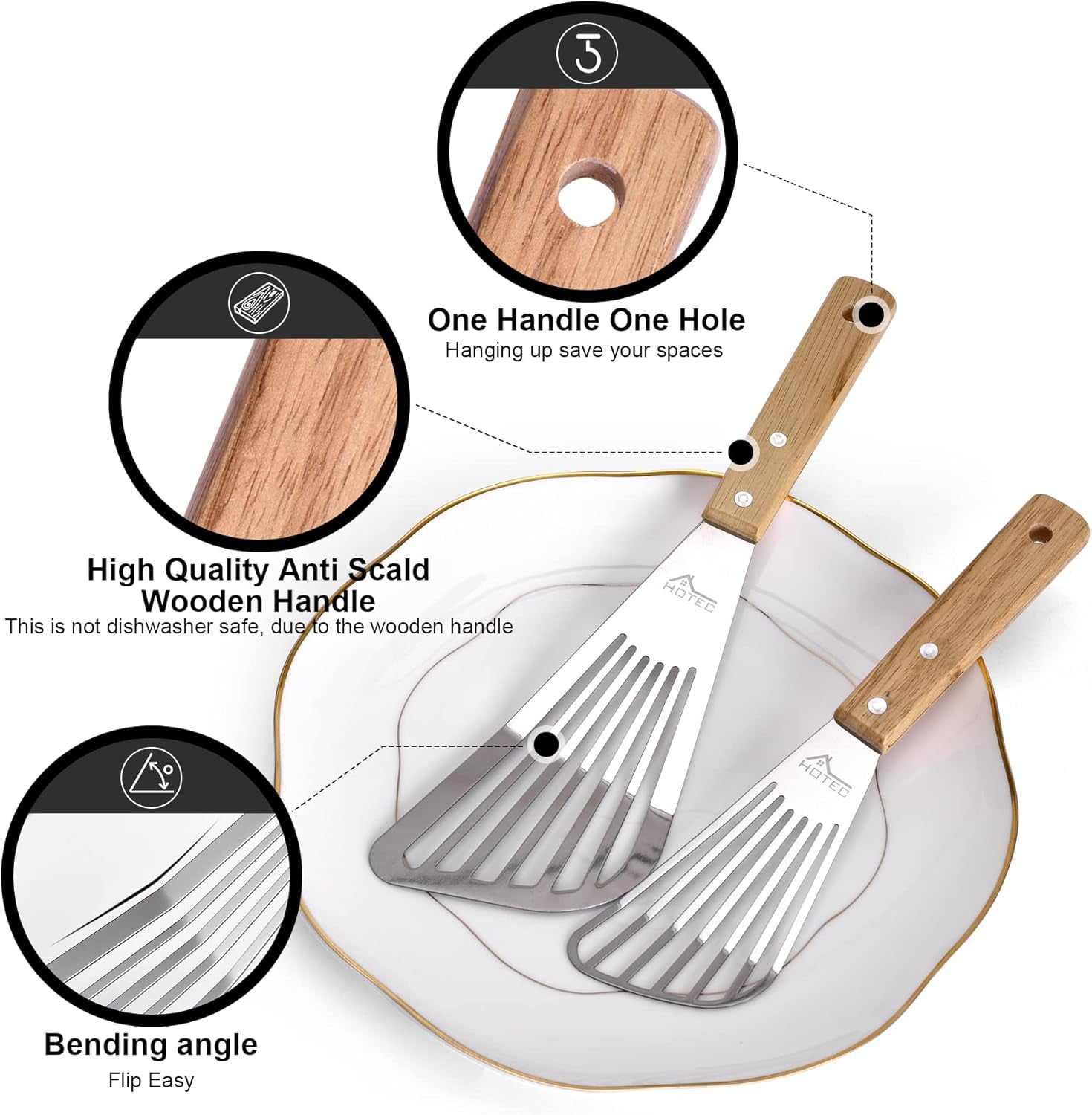 2Pcs Stainless Steel Wooden Handle Fish Spatula, Metal Spatula Flipping Foods