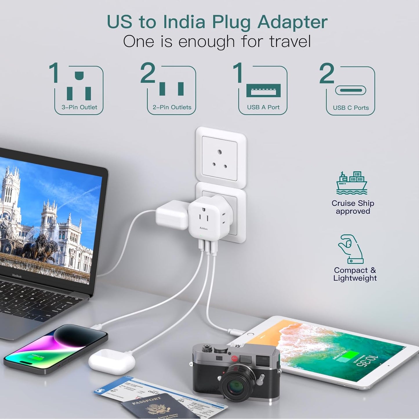 2 Pack US to India Plug Adapter, Type D Travel Adapter with 3 Outlets 3 USB Charger (2 USB C Ports), India Power Adapter Converter for USA to India, Bangladesh, Maldives, Pakistan, Nepal, Sudan