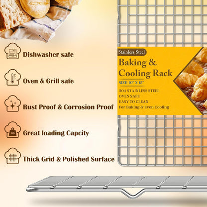 2PCS Cooling Racks for Cooking and Baking - 10" X 15"Heavy Duty Stainless Steel Wire Rack for Baking, Grilling, Roasting - Oven & Dishwasher Safe - Fits Jelly Roll Sheet Pan-Silver