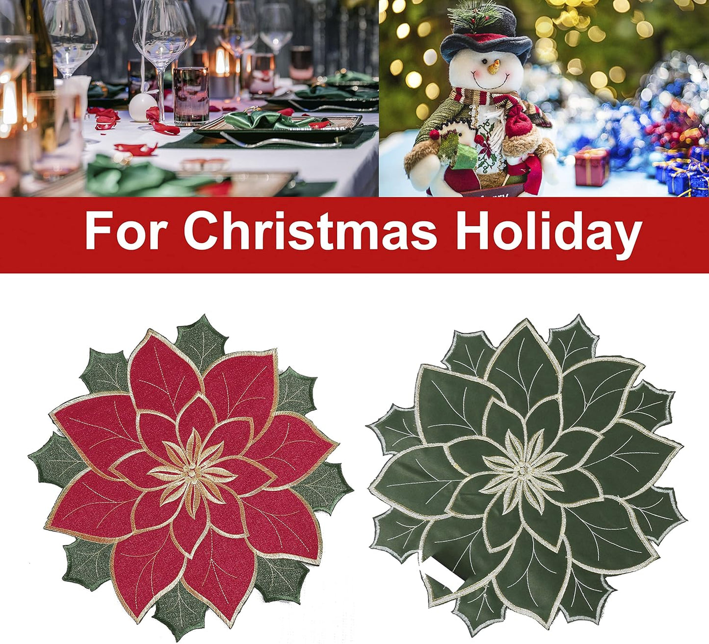 Christmas Placemats Set of 4, Red Embroidered Applique Poinsettia Table Mats,4 Pieces 15 Inch round Placemat for Xmas Holiday Home Decorations (Textured, 15 Inches)’
