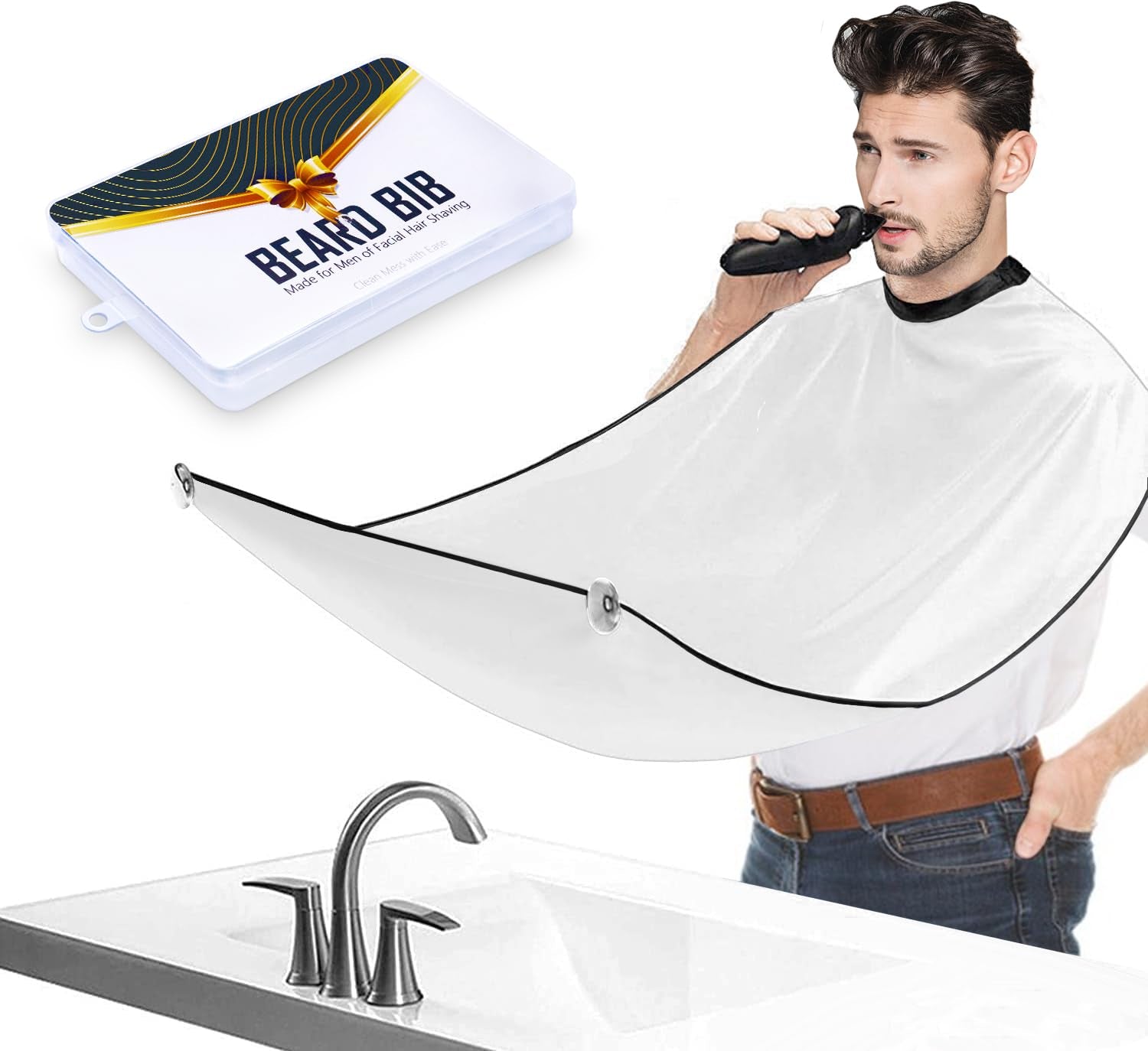 Beard Bib Beard Apron, Beard Hair Catcher for Men Shaving & Trimming Non-Stick Waterproof Beard Cape Grooming Cloth with 3 Suction Cups & a Box Birthday Gifts for Father'S Day Men Him Boyfriend(White)