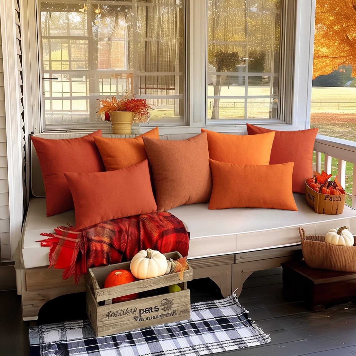 Pack of 2 Decorative Outdoor Solid Waterproof Fall Throw Pillow Covers Faux Linen Garden Farmhouse Cushion Cases for Summer Patio Tent Balcony Couch Sofa 18X18 Inch Bright Orange