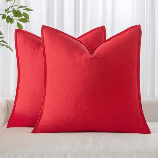 Set of 2 Decorative Linen Pillow Covers, 18x18 Inches, Red Farmhouse Solid Neutral Throw Pillowcases for Sofa, Couch, and Bed Decor in Living Room