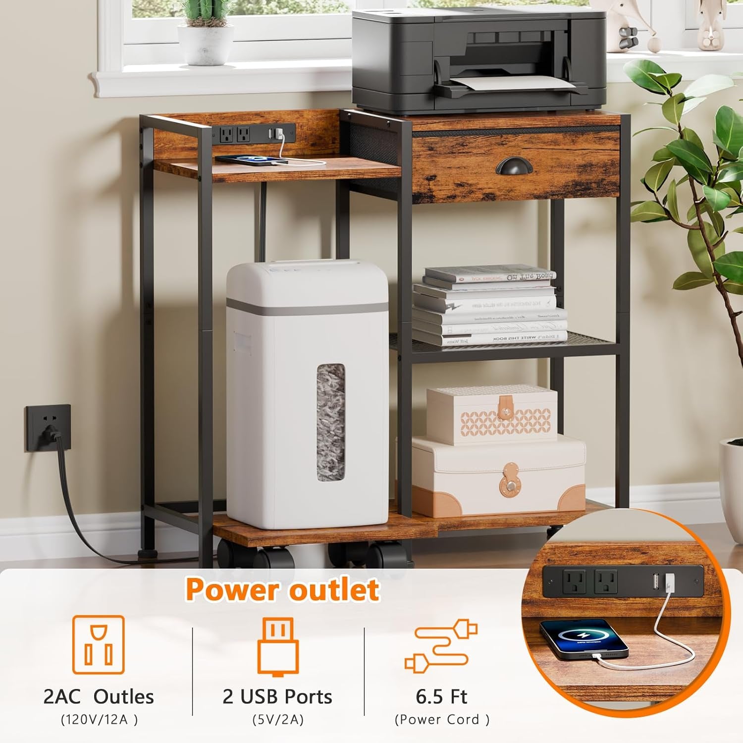 Printer Stand with Storage Drawer,Printer Table with Charging Station and USB Port,Industrial 3 Tier Shelf, Shredder Stand with Wheels,For Home Office,Rustic Brown
