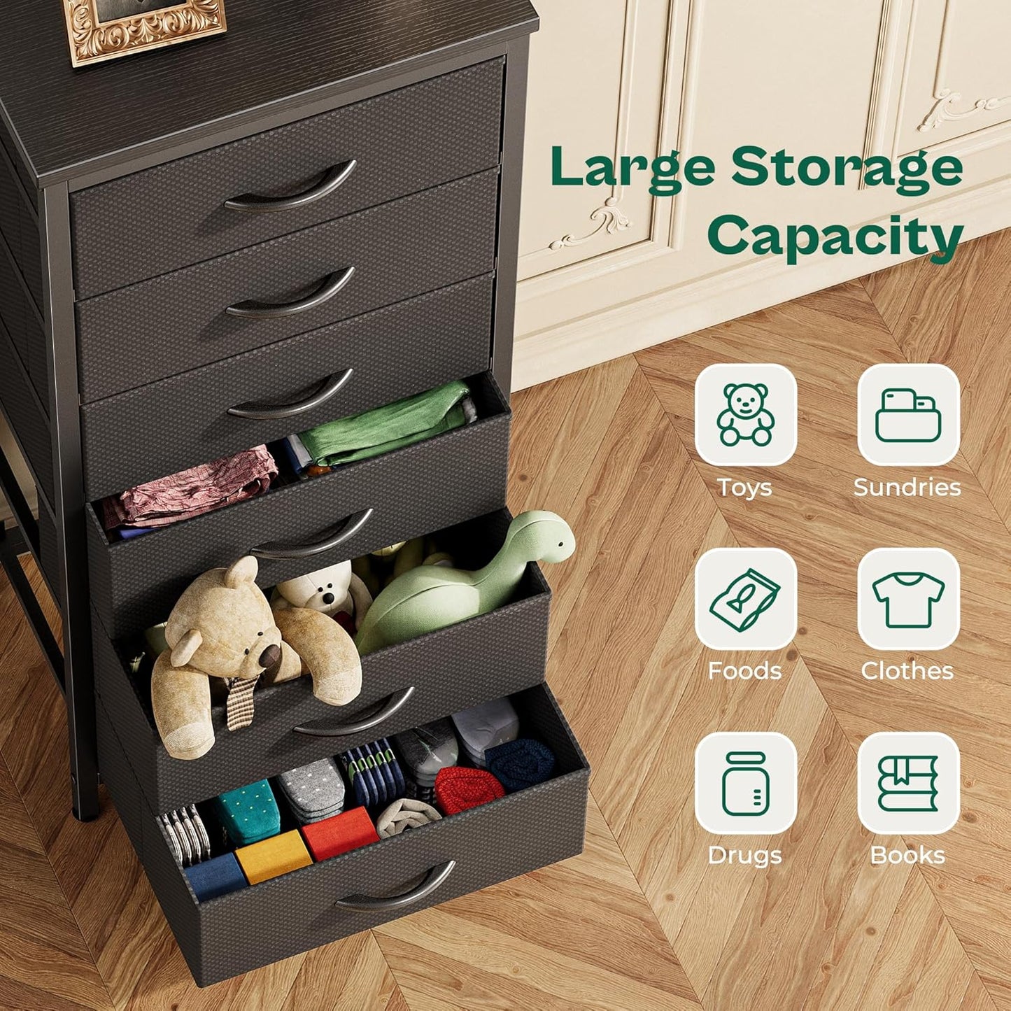 Tall Fabric Dresser with 6 Drawers and Metal Frame, Versatile Storage Solution for Bedroom, Closet, and Nightstand, Black