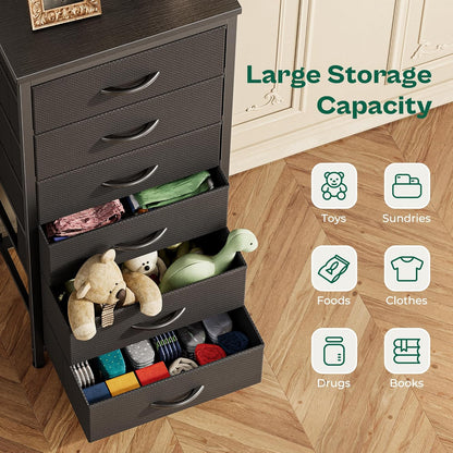 Tall Fabric Dresser with 6 Drawers and Metal Frame, Versatile Storage Solution for Bedroom, Closet, and Nightstand, Black