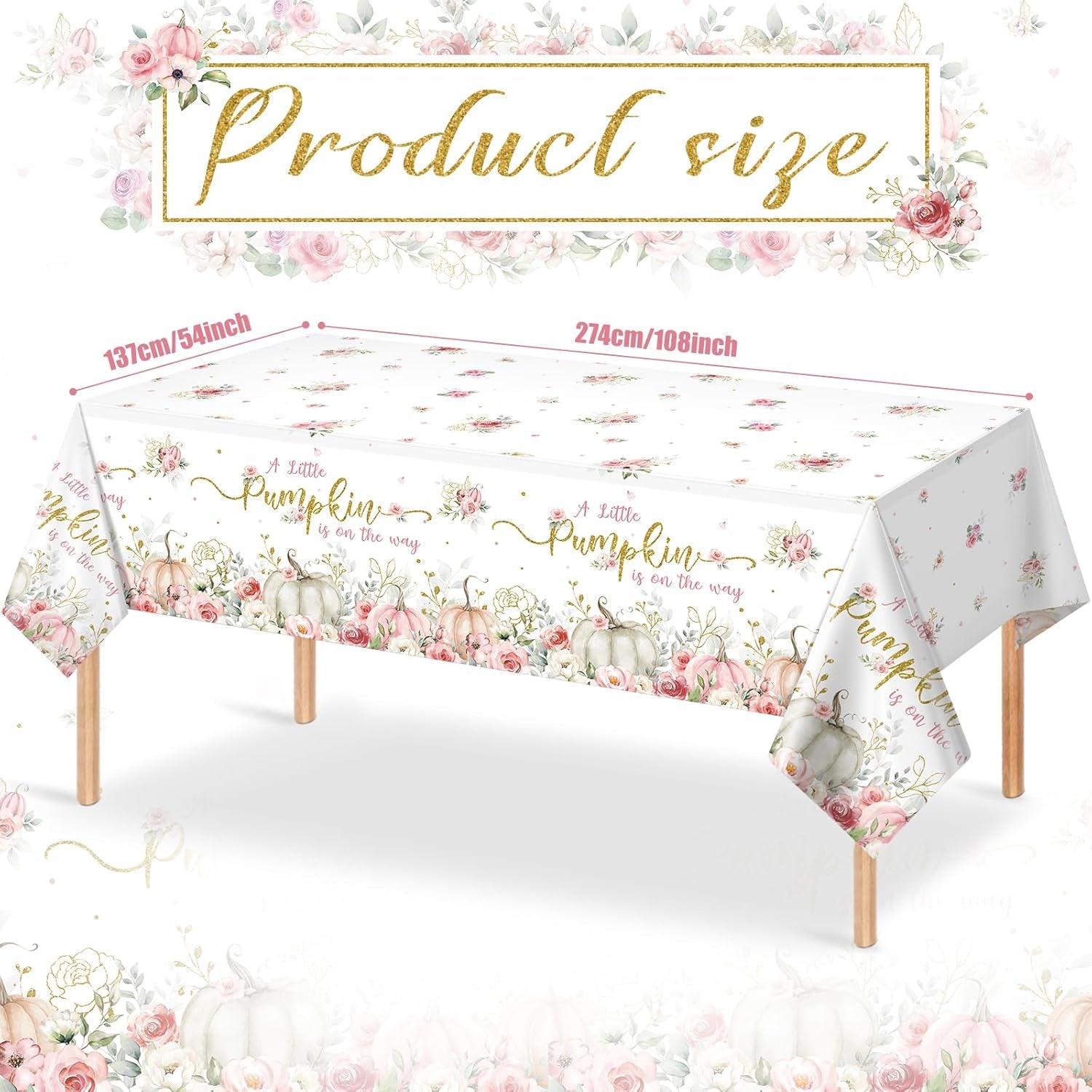 3Pcs 108X54Inch a Little Pumpkin Is on the Way Plastic Tablecloths, Floral Baby Girl Shower Tablecloth, Disposable Table Cover for Fall Baby Shower Gender Reveal Party Decorations