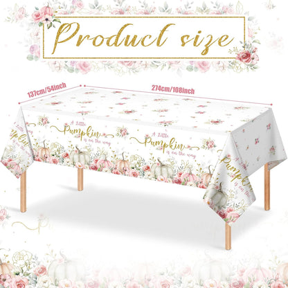 3Pcs 108X54Inch a Little Pumpkin Is on the Way Plastic Tablecloths, Floral Baby Girl Shower Tablecloth, Disposable Table Cover for Fall Baby Shower Gender Reveal Party Decorations