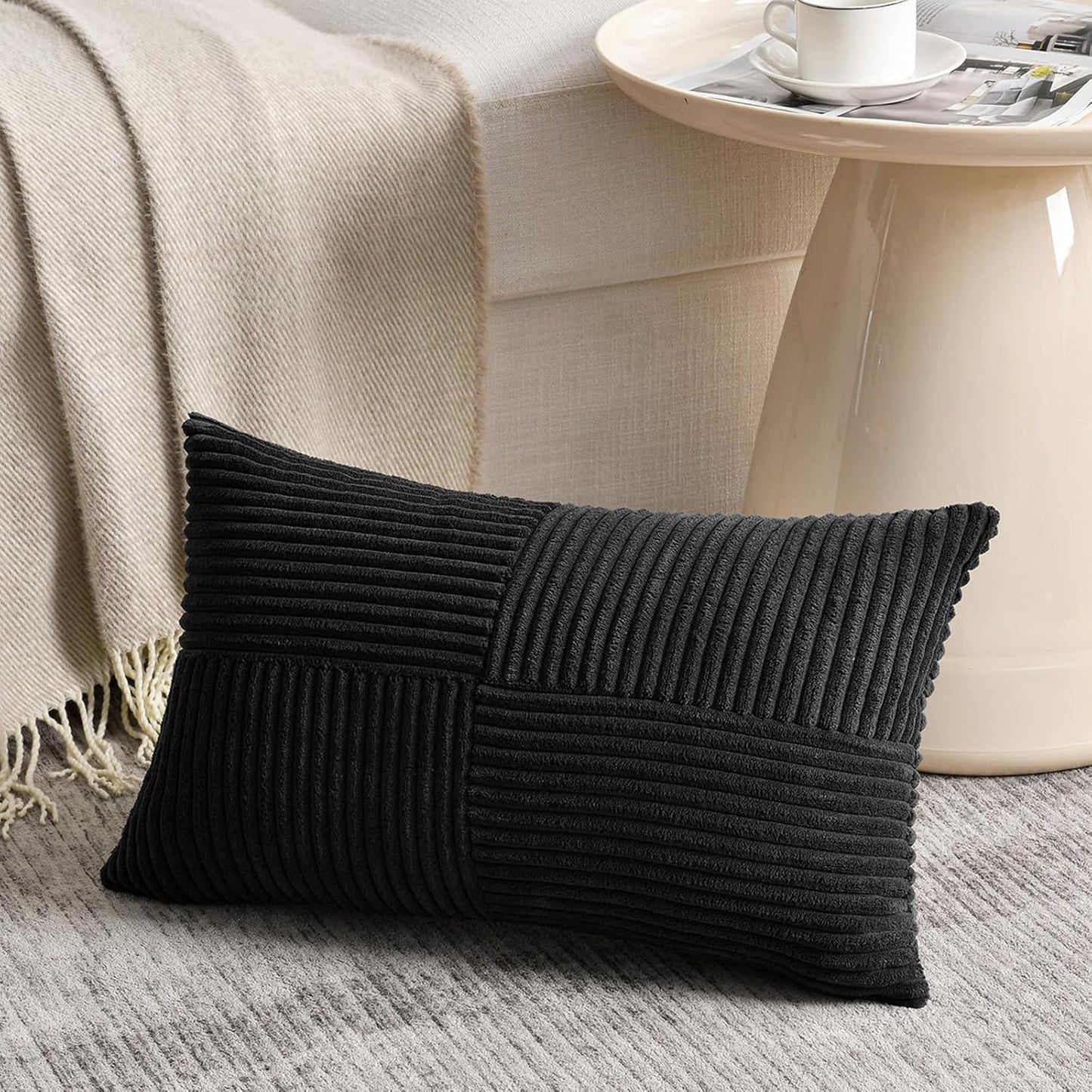 Black Lumbar Decorative Throw Pillow Covers 12X20 Inch for Living Room Couch Bed Sofa, Rustic Farmhouse Boho Home Decor, Soft Striped Corduroy Rectangle Accent Cushion Case 30X50 Cm