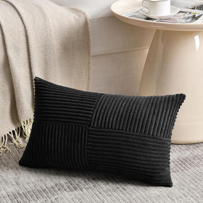 Black Lumbar Decorative Throw Pillow Covers 12X20 Inch for Living Room Couch Bed Sofa, Rustic Farmhouse Boho Home Decor, Soft Striped Corduroy Rectangle Accent Cushion Case 30X50 Cm