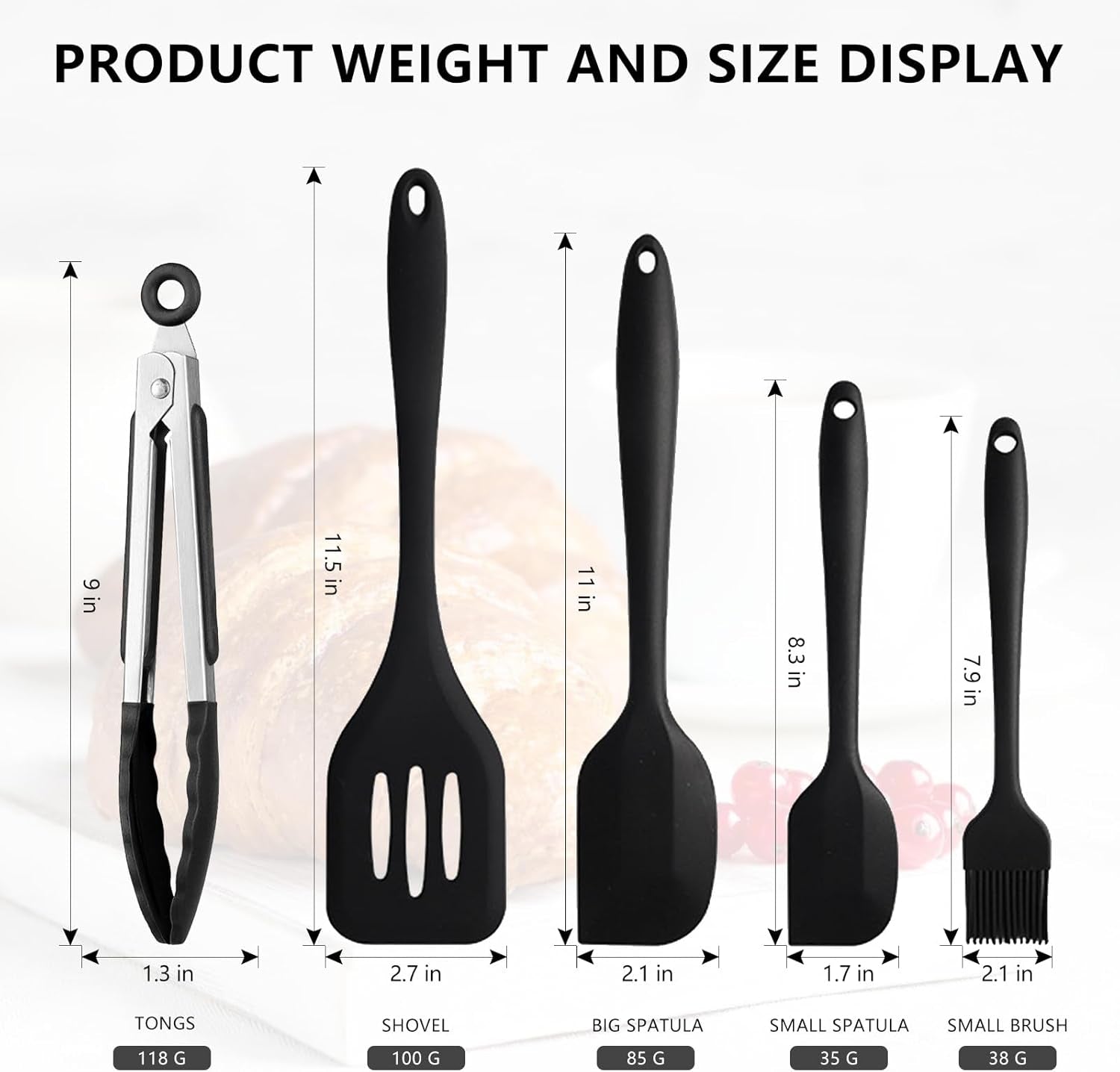 4 Pack Silicone Spatula and Grilling Tongs Kitchen Utensils with Silicone Brush Heat Resistant Bpa-Free Rubber Spatula for Scraping, Baking, Cooking, Mixing-Black