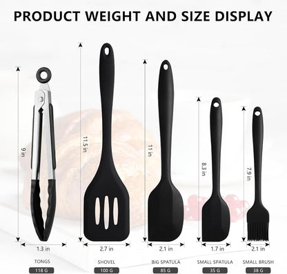 4 Pack Silicone Spatula and Grilling Tongs Kitchen Utensils with Silicone Brush Heat Resistant Bpa-Free Rubber Spatula for Scraping, Baking, Cooking, Mixing-Black