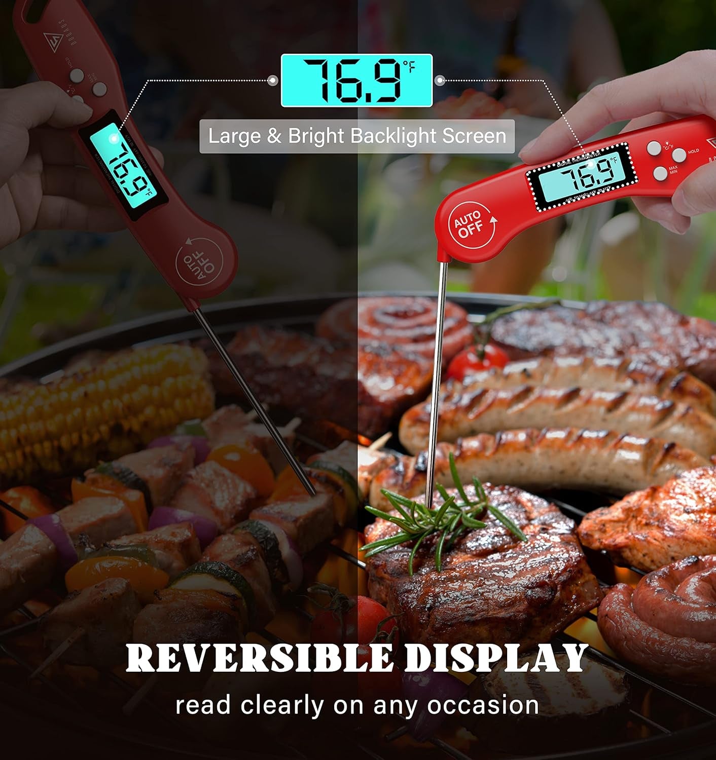 Digital Meat Thermometer, Instant Read Food Thermometers for Cooking, Kitchen Probe with Backlit & Reversible Display, Wide Temperature Range for Turkey, Grill, BBQ, Baking, Bread, Sourdough