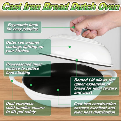 Dutch Oven for Bread Baking, 5.5 Quart Enameled Cast Iron Bread Oven with Lid, round Bread Pan for Homemade Sourdough Baking, Easy to Clean & Dome Lid, White