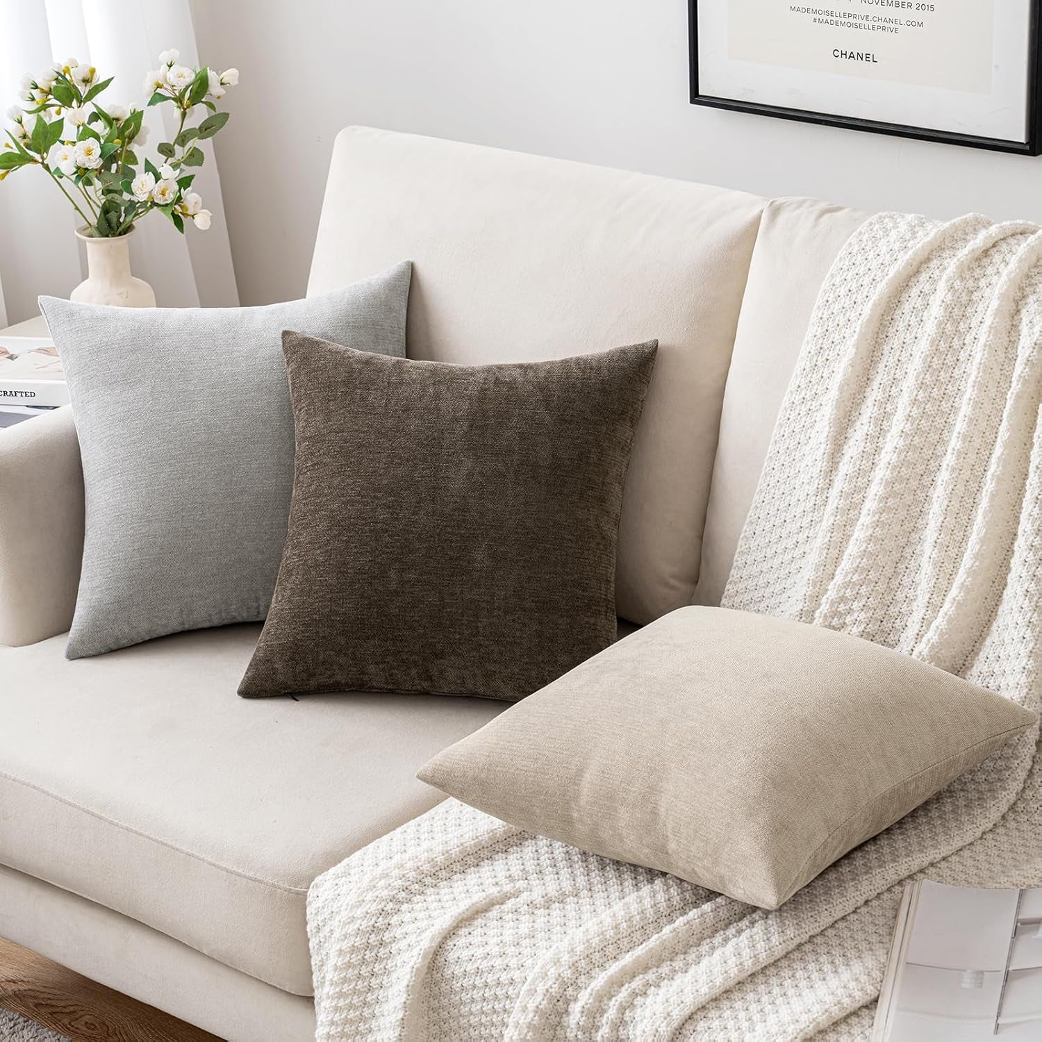 Set of 2 Beige Chenille Decorative Pillow Covers, 18x18 Inches, Soft Farmhouse Cushions for Sofa and Bedroom Decor