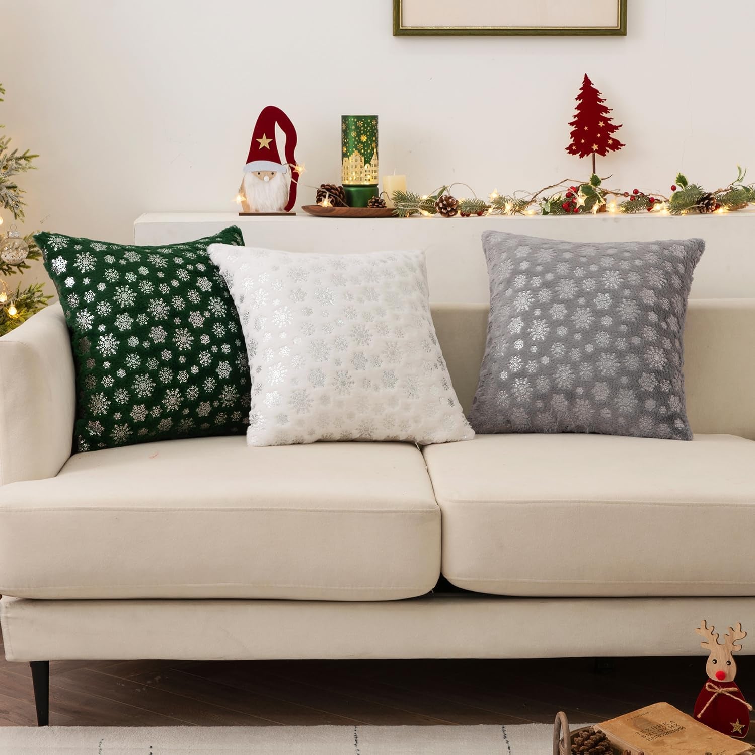 Christmas Grey Throw Pillow Covers Set of 2 Snowflakes Decorative Winter Couch Pillowcases 18×18 Inch Soft Plush Faux Fur Farmhouse Home Holiday Festival Decors for Sofa Living Room Bed