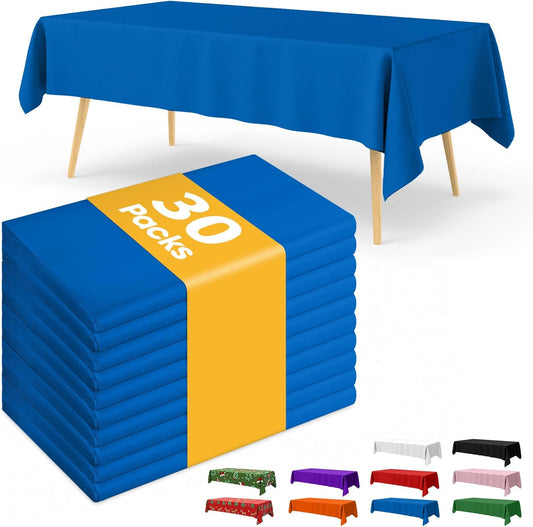 Blue Plastic Table Cloth - 30 Pack 54" × 108" Rectangle Disposable Tablecloths for 6FT Tables, Waterproof Table Cover for Party, Holiday & Gathering Use